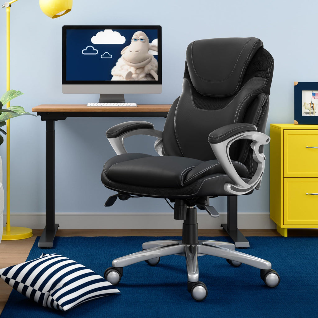 Executive Office Chair - Ergonomic Computer DeskChair with Lumbar Technology - Adjustable Height - Memory Foam Body Pillows - 360° Swivel Rolling Base - Bonded Leather - Black
