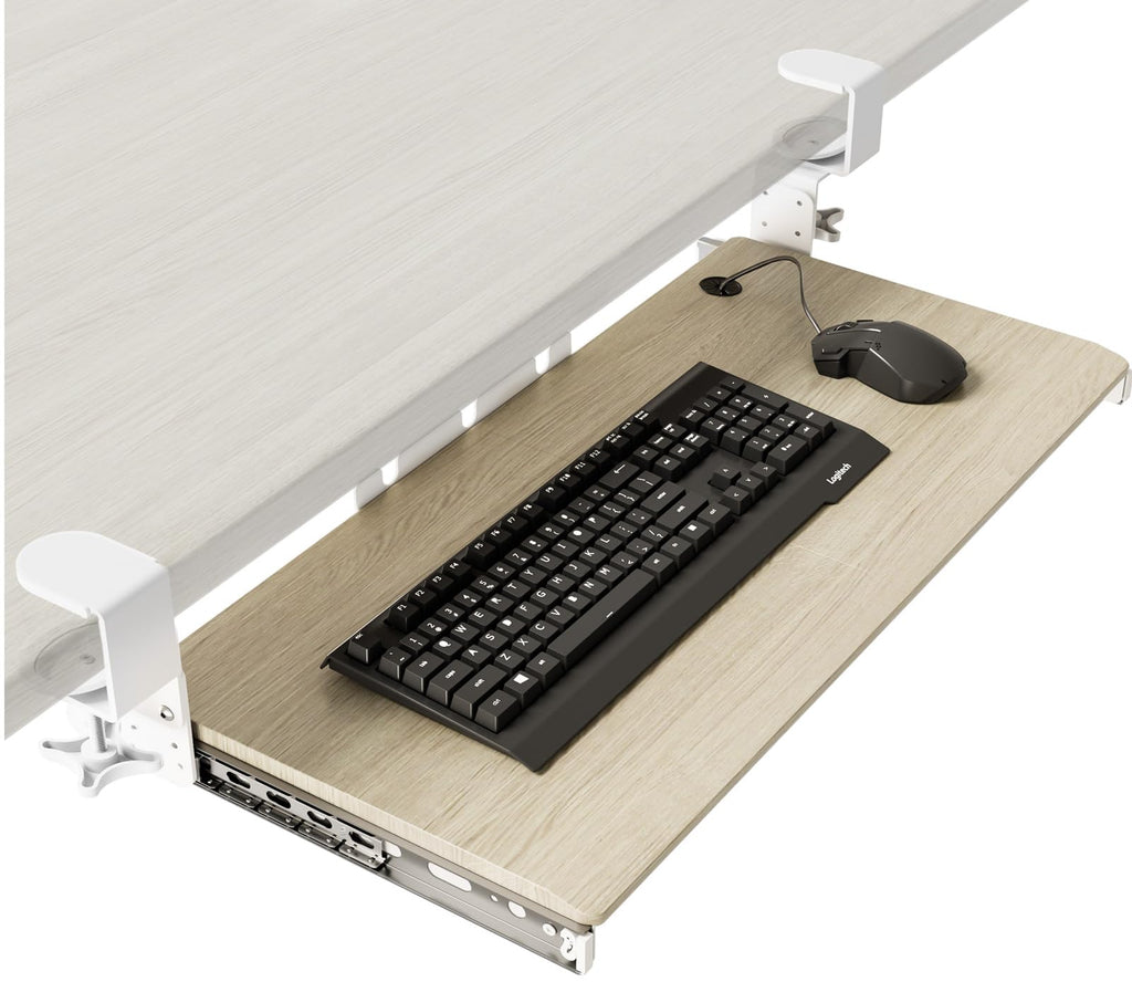 Keyboard Tray Under Desk Pull Out with Extra Sturdy C Clamp Mount System, 27.3 (32.5 inch Including Clamps) x 11 Inch Slide-Out Platform Computer Drawer for Typing Grain AX01WG01