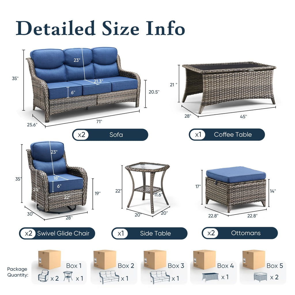 Luxury 6" Thick Cushioned 8 Pieces Patio Furniture Set with Outdoor Couch, Wicker Outdoor Conversation Set with High Back Swivel Rocker Chairs for Deck Porch Yard and Poolside - Grey+Blue