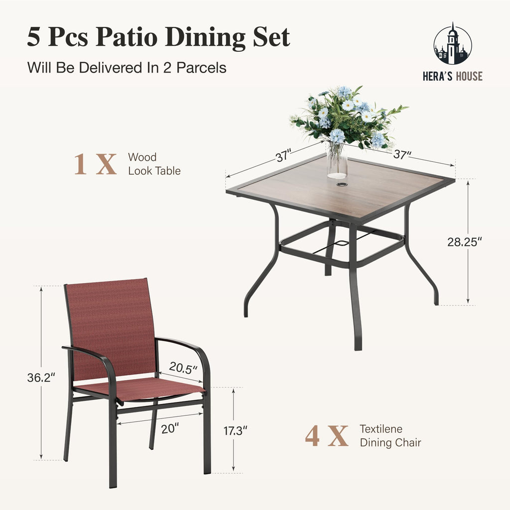 Outdoor Dining Set 5 Piece Patio Furniture Set, 4 x Textilene Dining Chair, 37" Square Wood Look Table for Lawn Garden Backyard Deck, Red