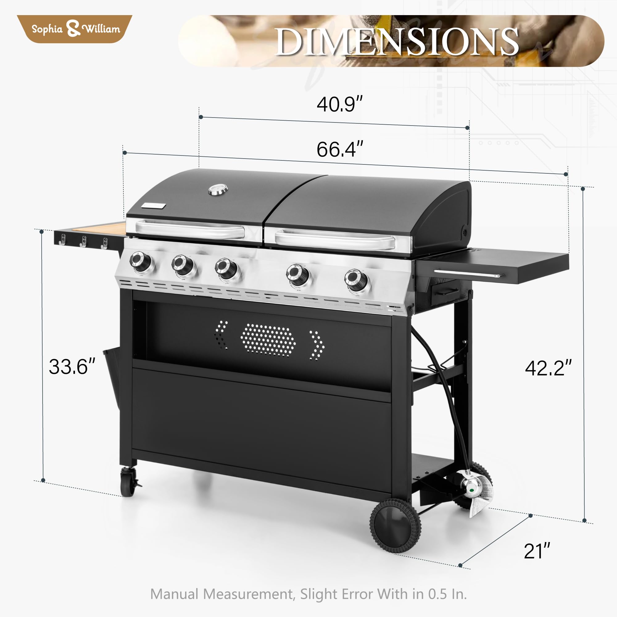 Propane Gas Grill and Griddle Combo with Porcelain-Enameled Cast Iron Grates, Dual Outdoor BBQ Grill with Flat Top Griddle for Barbecue, 696 SQ.IN. Cooking Area