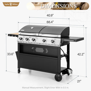 Propane Gas Grill and Griddle Combo with Porcelain-Enameled Cast Iron Grates, Dual Outdoor BBQ Grill with Flat Top Griddle for Barbecue, 696 SQ.IN. Cooking Area