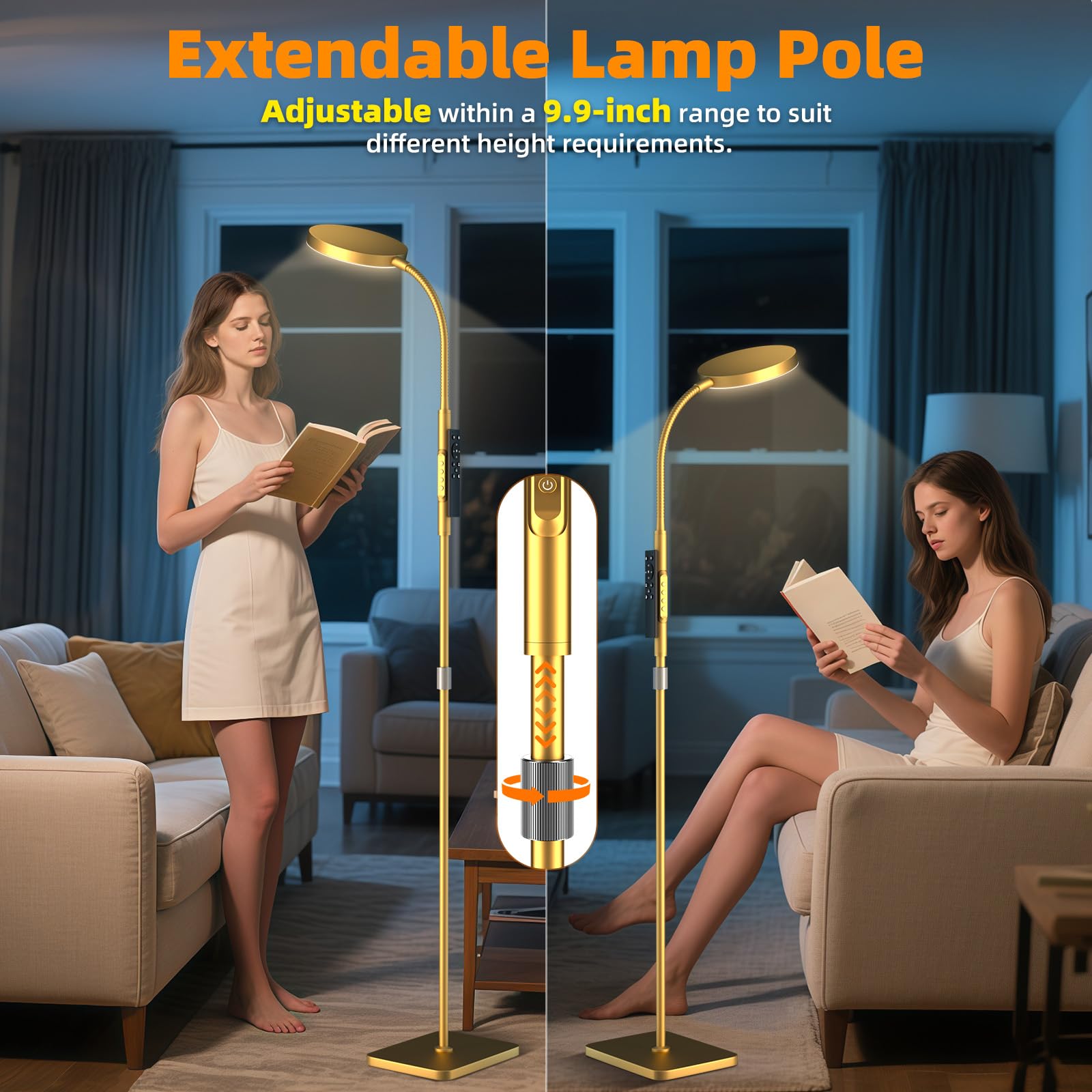 Floor Lamp, Adjustable Height Floor Lamps for Living Room Bedroom, 120 LED Super Bright Standing Lamp Remote & Touch Control Dimmable Gooseneck Tall Stand Reading Lamp for Office Craft, Gold