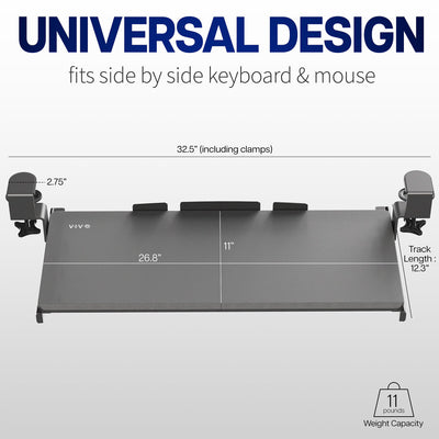 Large Clamp-on Computer Keyboard and Mouse Under Desk Slider Tray, 27 x 11 inch Pull Out Platform Drawer, Bamboo, MOUNT-KB05O