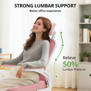 Office Chair Ergonomic Desk Chair, 330LBS Capacity, High Back Computer Design for Long Hours Comfort, Rolling Swivel Executive Task for Home Office with Flip-up Armrests, White Pink