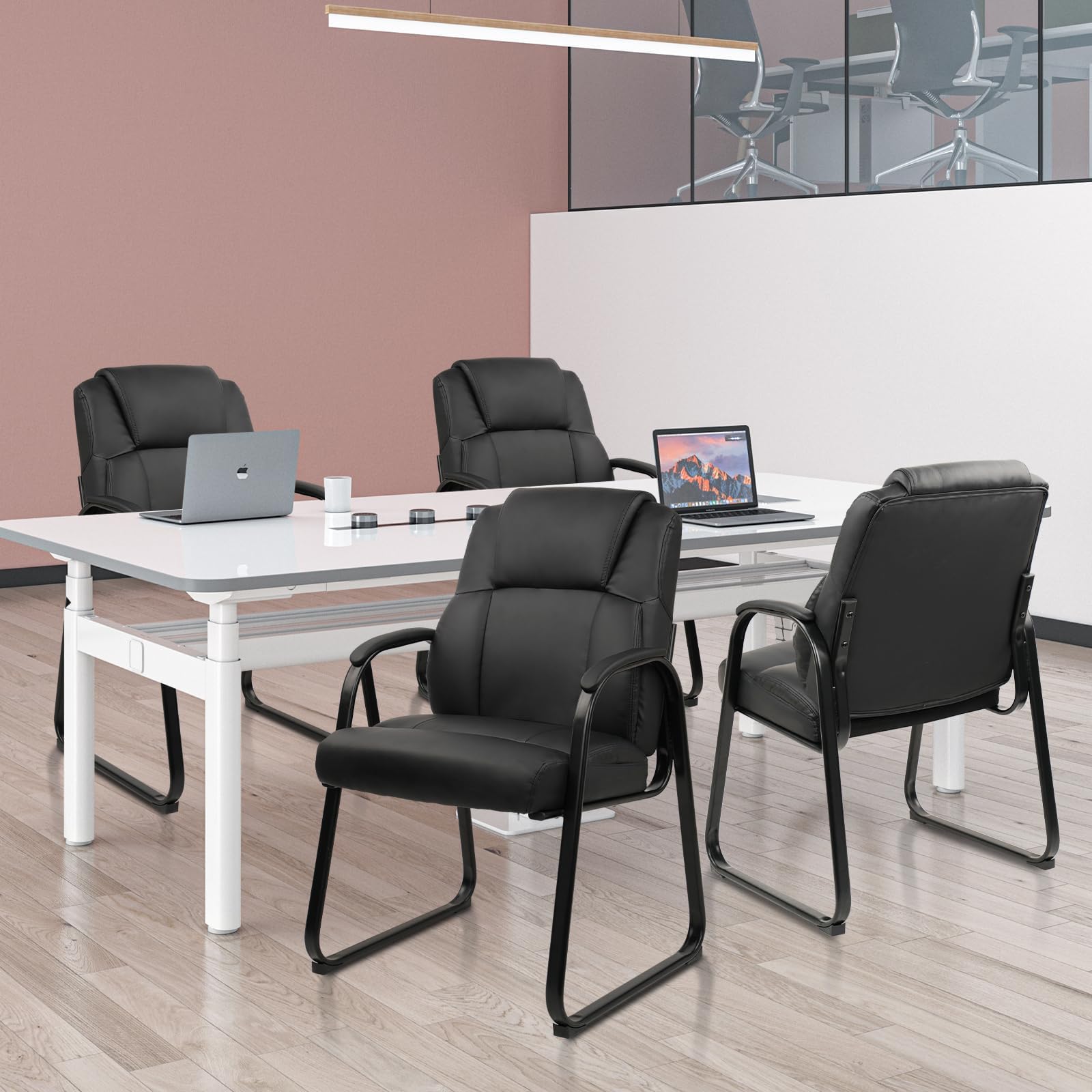 8 Pack, Leather Guest Chair with Padded Arm Rest for Reception Meeting Conference and Waiting Room Side Office Home Black with Sled Base