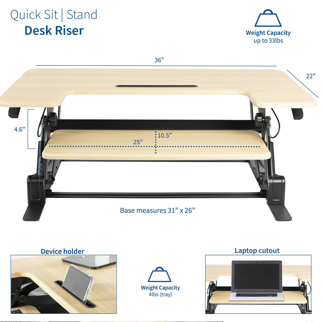36 inch Height Adjustable Stand Up Desk Converter, V Series, Quick Sit to Stand Tabletop Dual Monitor Riser Workstation, Light Wood Top, Black Frame, DESK-V000VO