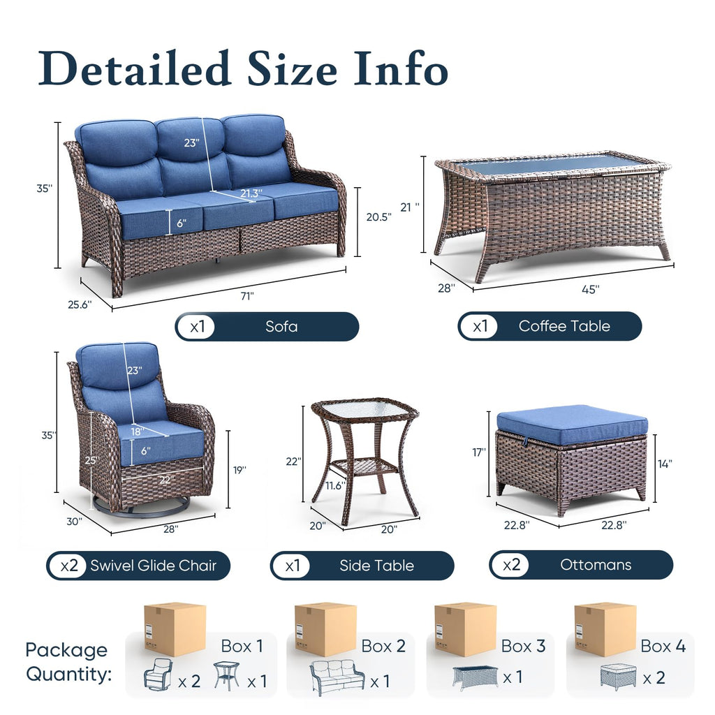 Luxury 6" Thick Cushioned 7 Pieces Patio Furniture Set with Outdoor Couch, Wicker Outdoor Conversation Set with High Back Swivel Rocker Chairs for Deck Porch Yard and Poolside - Brown+Blue