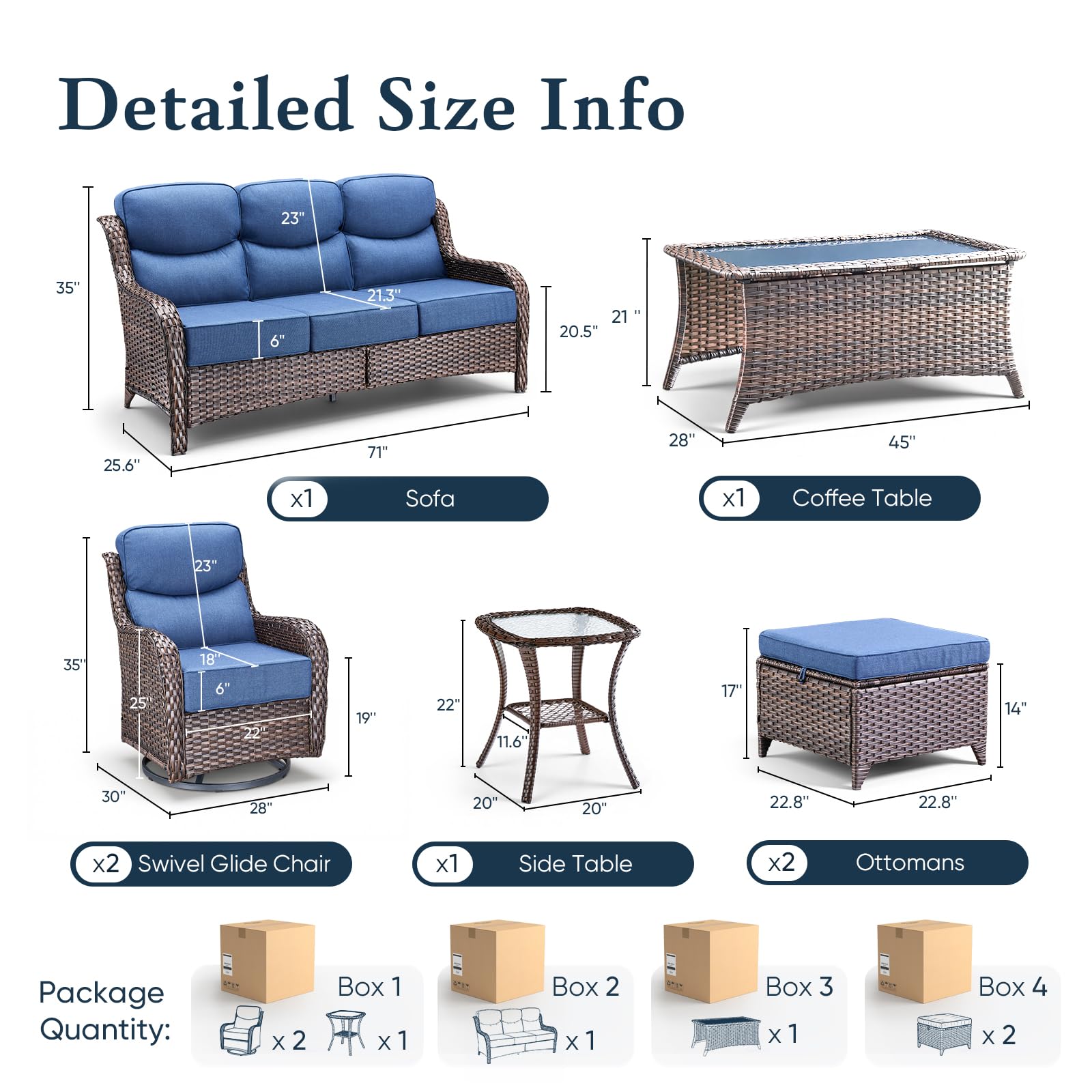 Luxury 6" Thick Cushioned 7 Pieces Patio Furniture Set with Outdoor Couch, Wicker Outdoor Conversation Set with High Back Swivel Rocker Chairs for Deck Porch Yard and Poolside - Brown+Blue