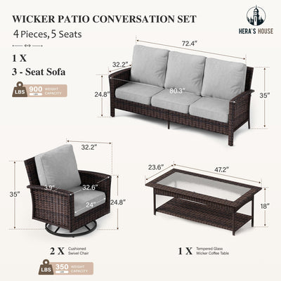 Gray Patio Furniture Set with High Back Swivel Chairs, Comfy Outdoor Wicker Conversation Sofa Sets with 5.5