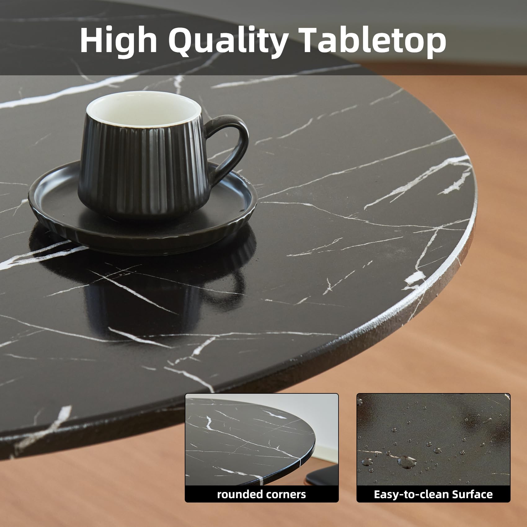 Round Dining Table, 24" Circle Tulip Table with Thickened Tabletop & Metal Pedestal, Mid Century Modern Bistro Table for Kitchen, Small Places, Living Room, Cafe (Marble Pattern Black)