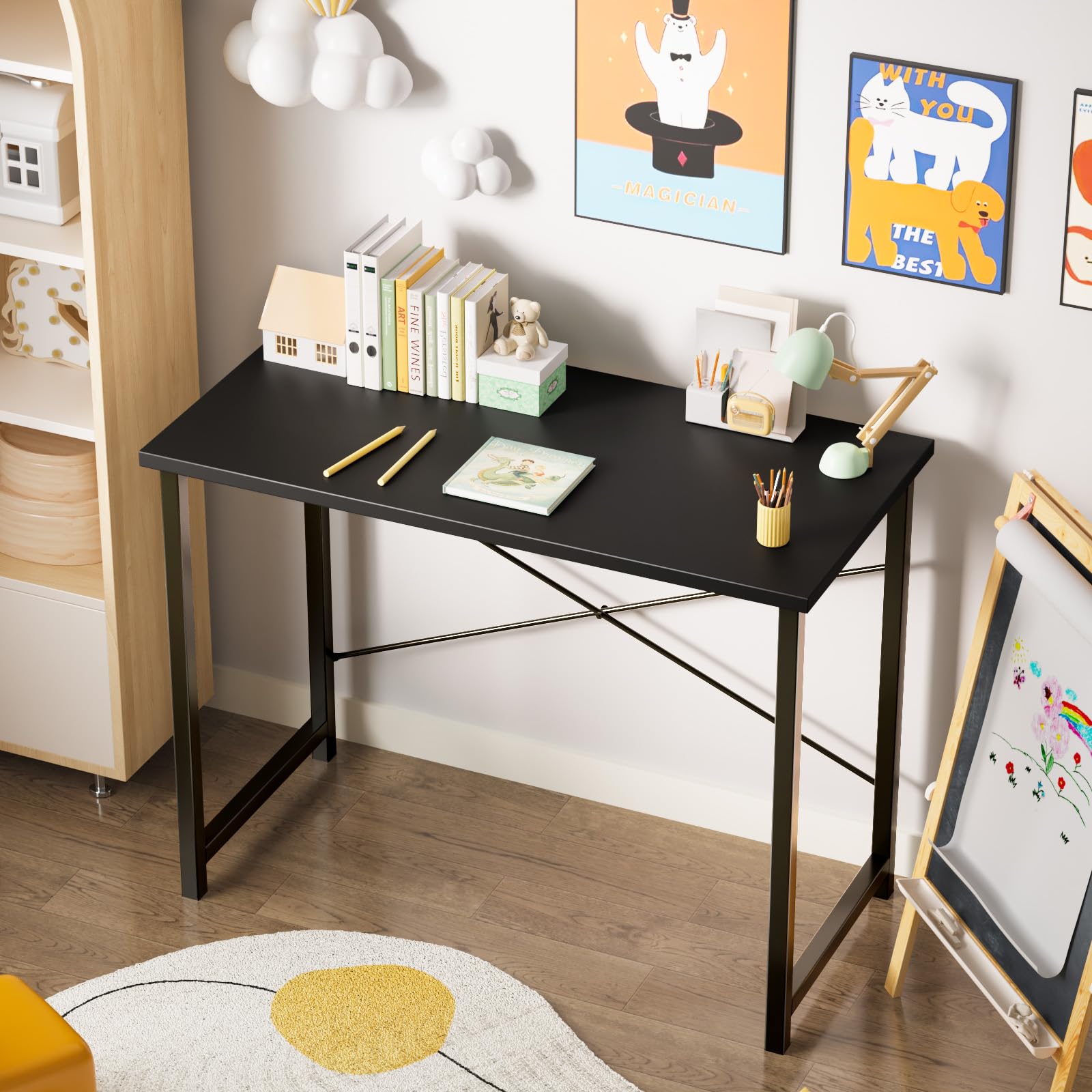 Computer Small Office Desk 32 Inch Student Study Writing Work with Metal Frame Wood Tabletop Modern Simple PC Home Bedroom Table, Computer Table, Black