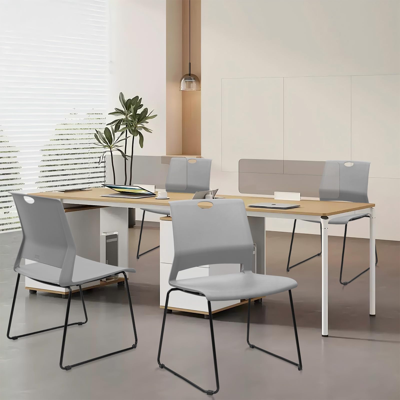 Set of 8, Gray, Stackable Guest Reception Chairs, Stacking Office Chair with Ergonomic Lumbar Support & Metal Legs, Plastic Desk Chairs for Conference School Church Waiting Meeting Break Room