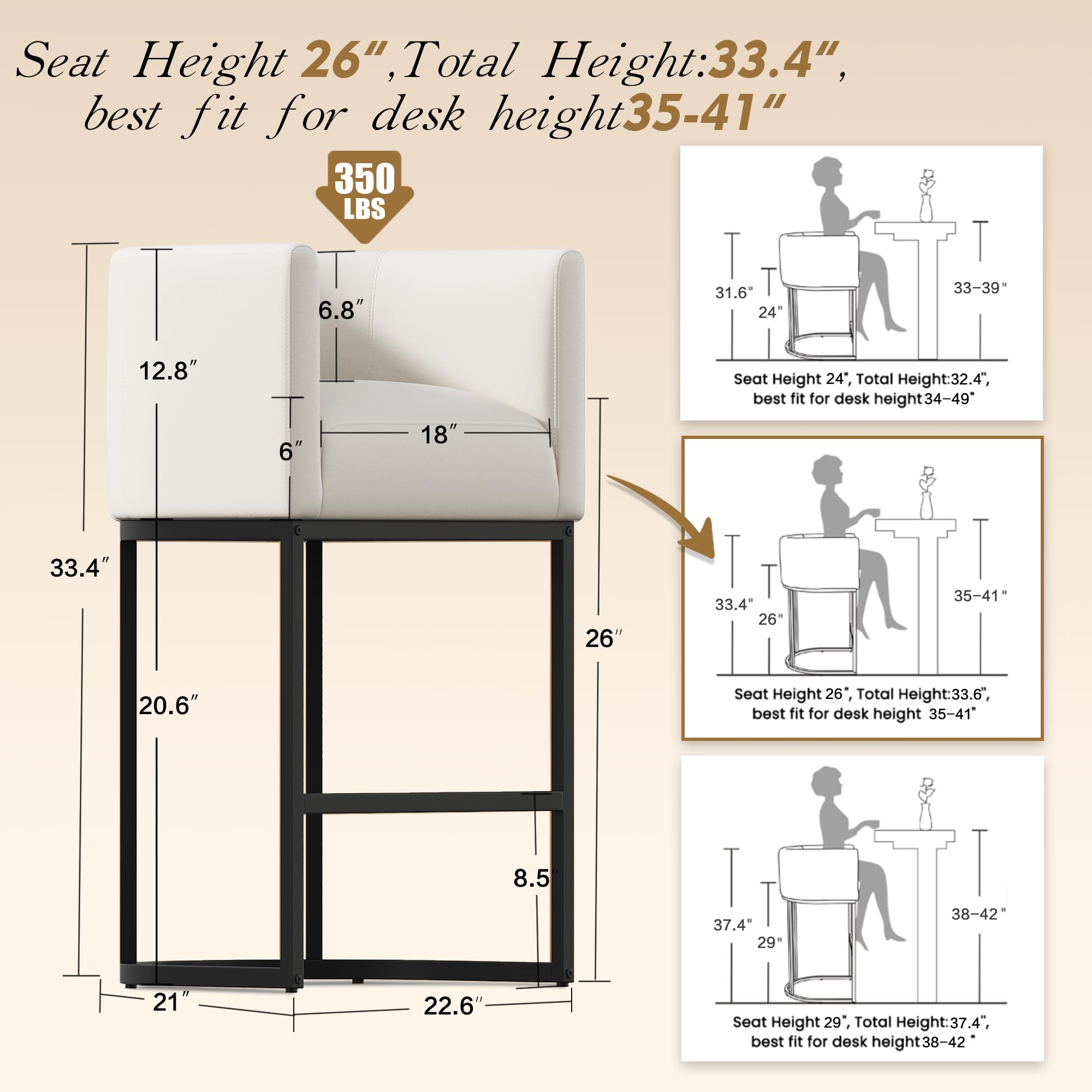 Modern Counter Height Bar Stools,Bar Stools Set of 3,PU Leather Upholstered Barrel Barstools with Backs,26'' Kitchen Island Chairs,Metal Black Frames,Beige White Leather