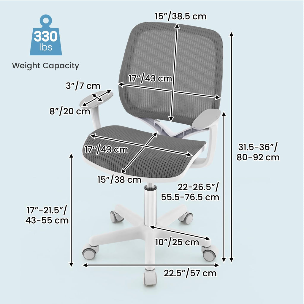 Kids Desk Chair, Height Adjustable Children Study Computer Chair with Armrests, Sit-Brake Casters, Swivel Mesh Task Chair for Boys Girls Teens Students, Kids Chair for Home, Office (Gray)