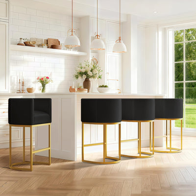 Modern Counter Height Bar Stools,Bar Stools Set of 2,PU Leather Upholstered Barrel Barstools with Backs,24'' Kitchen Island Chairs,Metal Gold Frames,Ink Black Leather