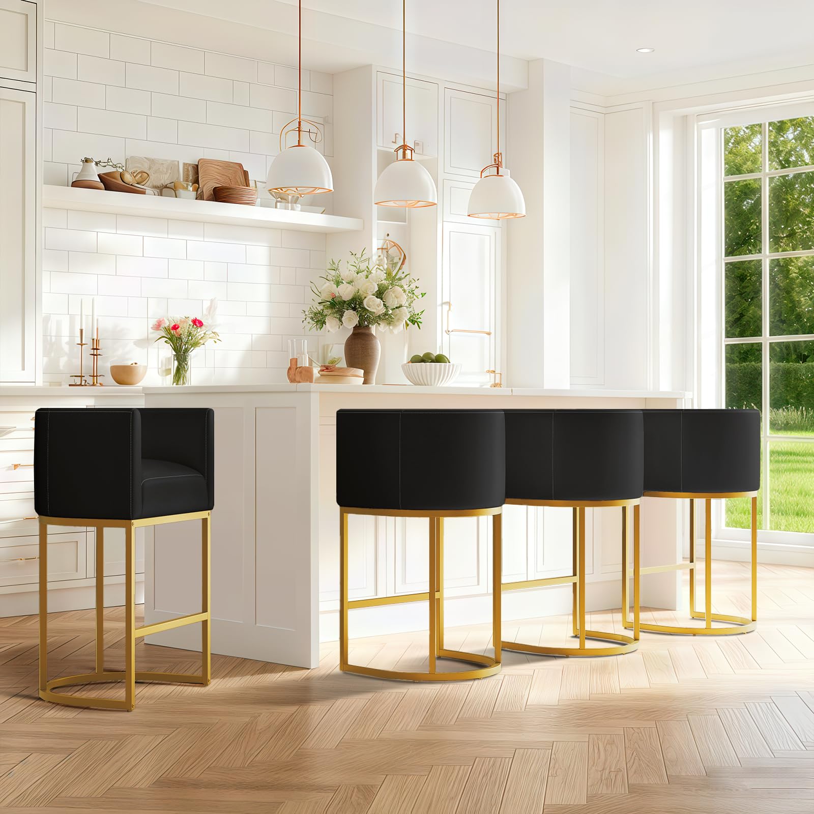 Modern Counter Height Bar Stools,Bar Stools Set of 4,PU Leather Upholstered Barrel Barstools with Backs,24'' Kitchen Island Chairs,Metal Gold Frames,Ink Black Leather