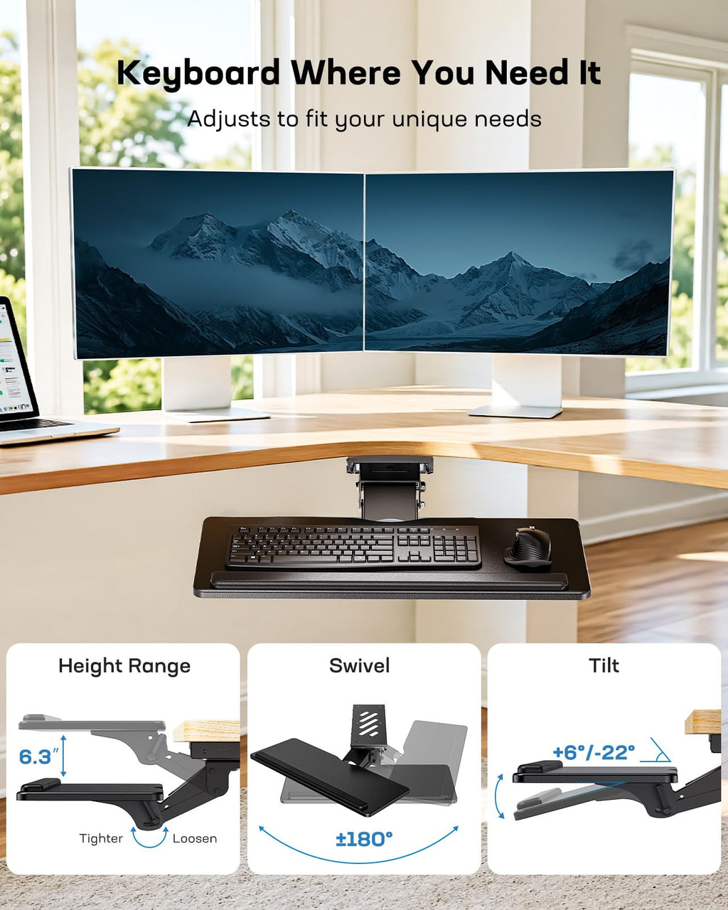 Keyboard Tray Under Desk, Adjustable Ergonomic Keyboard & Mouse Tray, Flat Bottom Or Cross Beam Installation, Smooth Sliding Keyboard Holder for Typing in Home Office, Easy Setup, 25″W x 9.84″D