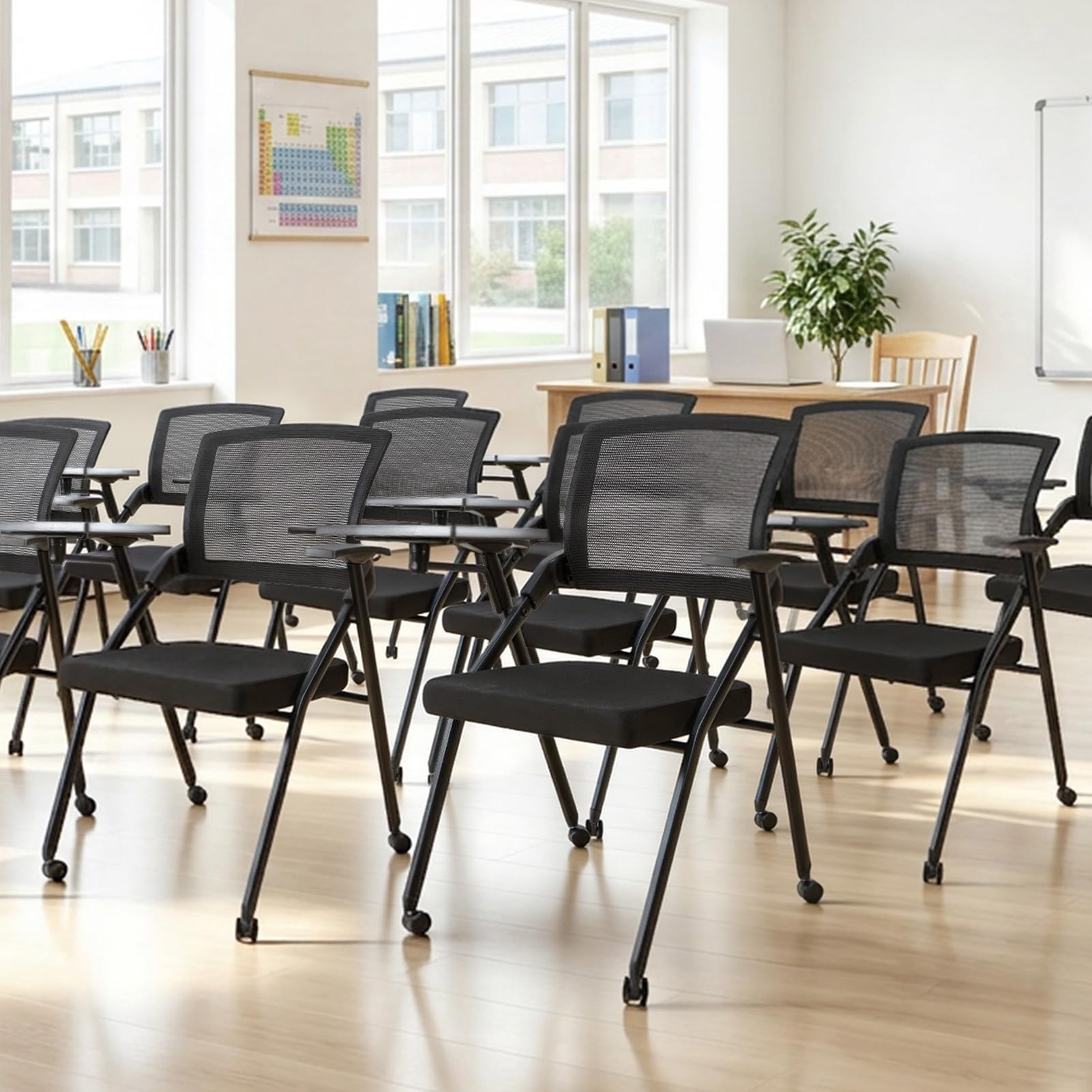 Ergonomic Foldable Office Chair with Breathable Mesh Back, Stackable Conference Chair - PU Wheels & Armrest for Guest, Meeting, Reception (Black) (Black-A)