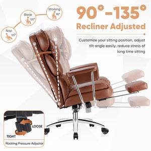 Executive Home Office Desk Chair - Ergonomic Big Tall High Back with Footrest & Lumbar Support, Reclining Height Adjustable, Comfy PU Leather Computer Gaming with Swivel Wheels, Brown