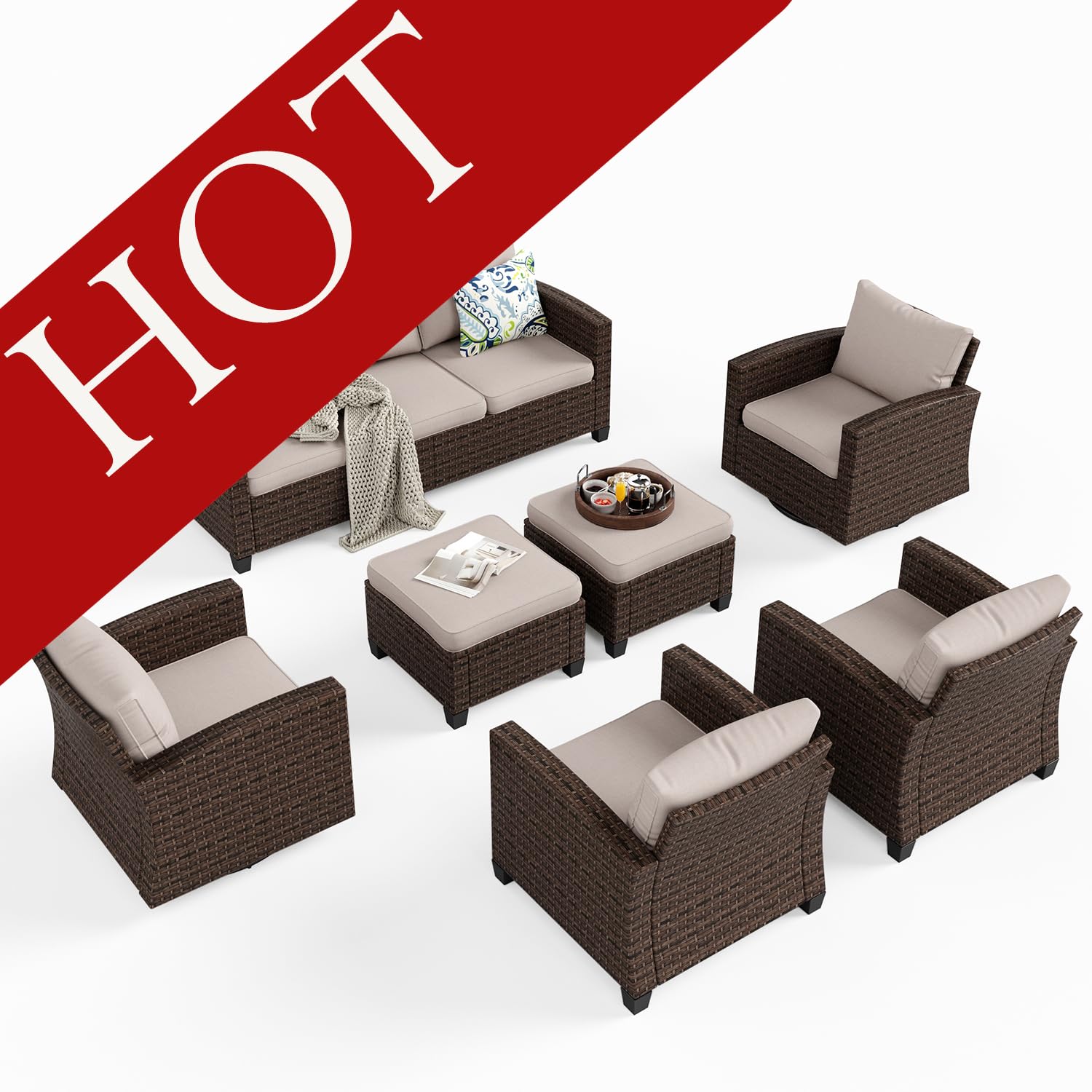 Swivel Glider Patio Furniture Set, 7 Pieces Wicker Outdoor Seating Furniture, Patio Conversation Sofa Sets for Lawn Backyard Deck, Beige