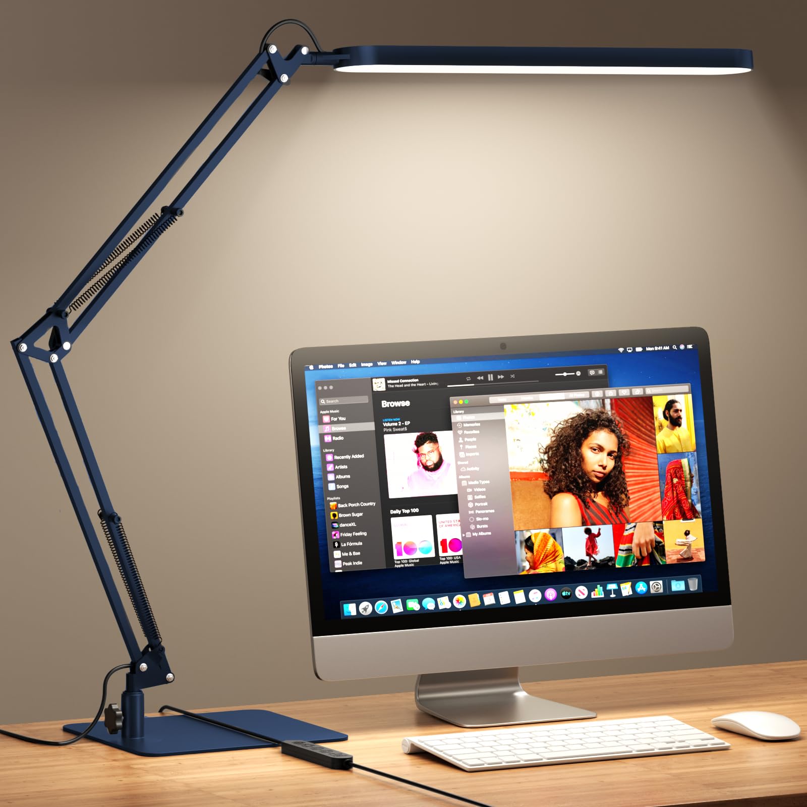 LED Desk Lamp with Slim Base - Adjustable Swing Arm Desk Light, Dimmable, Timer, Eye Protection, Memory Function, 1300LM, 12W, Blue