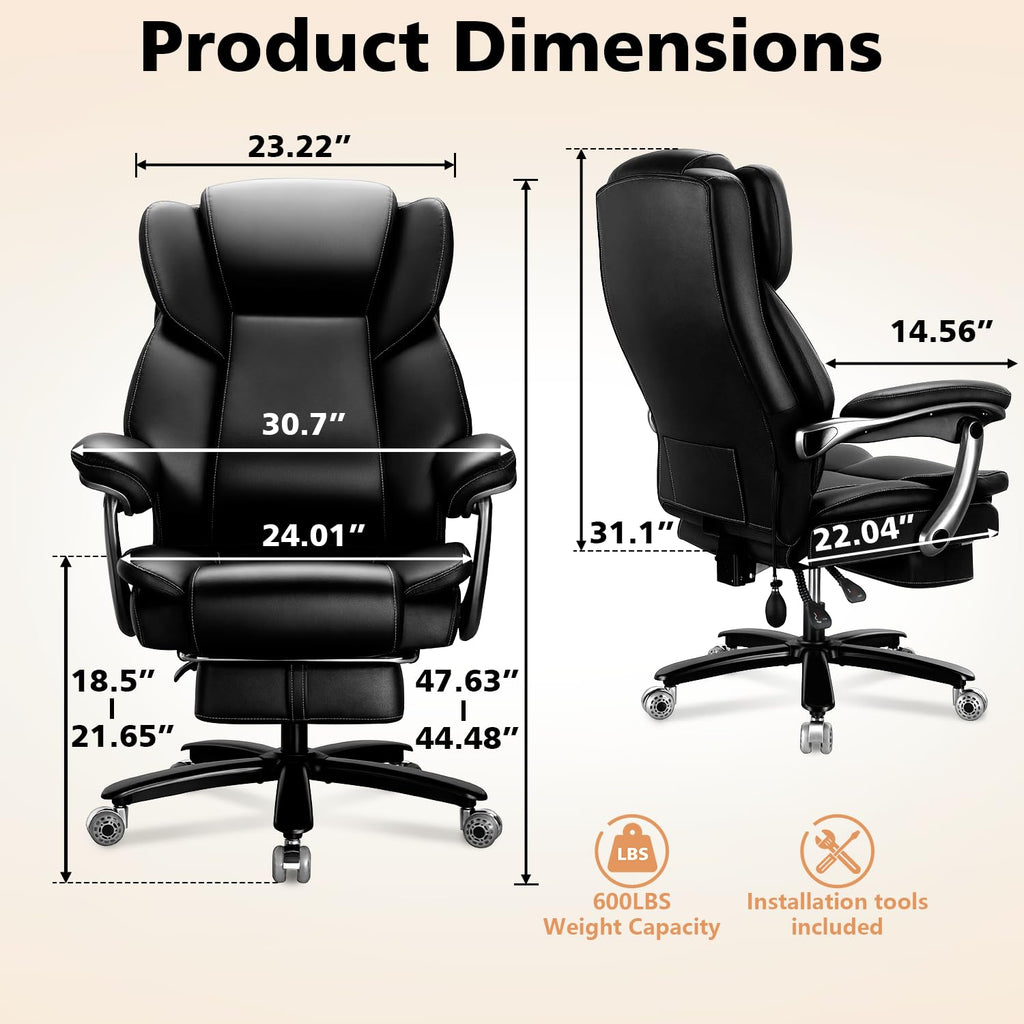 500lbs Heavy Duty Comfy Office Chair, Reclining Big and Tall Office Chair for Heavy People, High Back Executive Chair with Adjustable Lumbar Support,Pocket Spring Cushion
