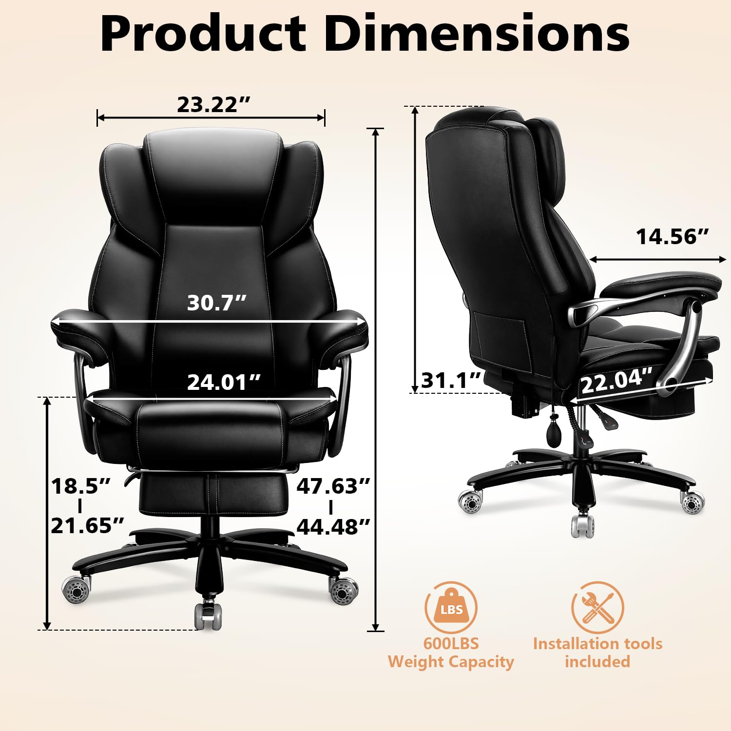 500lbs Heavy Duty Comfy Office Chair, Reclining Big and Tall Office Chair for Heavy People, High Back Executive Chair with Adjustable Lumbar Support,Pocket Spring Cushion