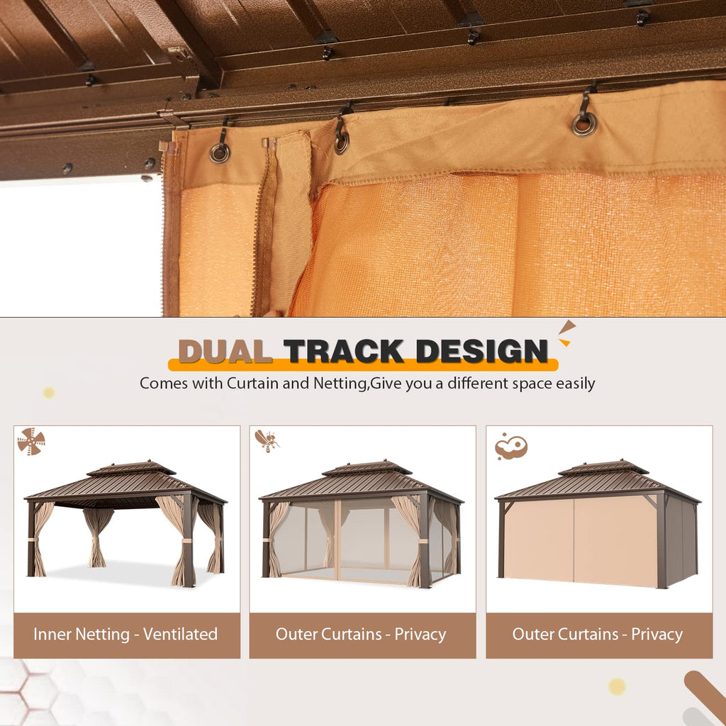 10'x13' Hardtop Gazebo Double Roof Galvanized Steel Canopy Outdoor Aluminum Frame Permanent Metal Pavilion with Netting and Curtains for Patio Backyard Deck and Lawns