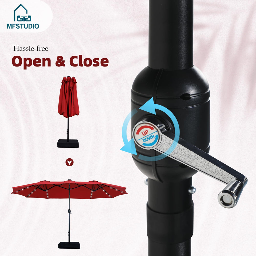 15ft Patio Umbrella with Solar Lights, Outdoor Large Rectangular Umbrellas with Base, Crank Handle and 36 LED Lights for Yard Deck Pool, Burgundy Red