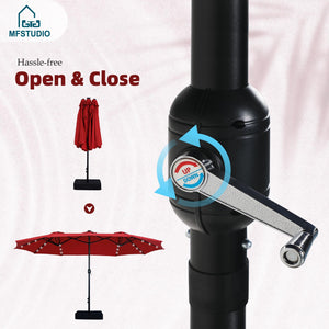 15ft Patio Umbrella with Solar Lights, Outdoor Large Rectangular Umbrellas with Base, Crank Handle and 36 LED Lights for Yard Deck Pool, Burgundy Red