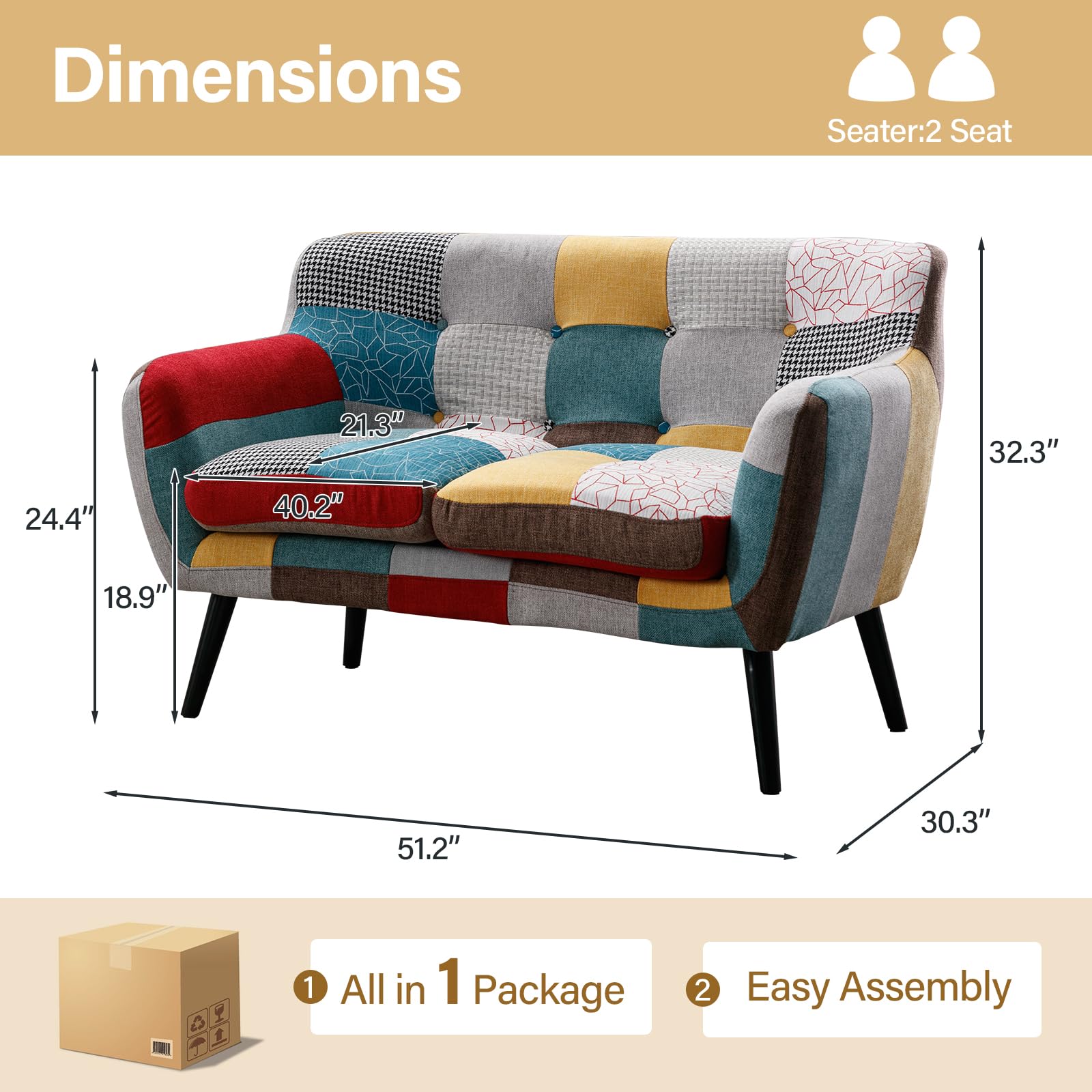 Modern Boho Loveseat Couch Sofa Chair for Living Room Bedroom, Upholstered Colorful Plaid Fabric 2-Seat Love Seat Sofa with Wood Leg for Small Space, One Loveseat