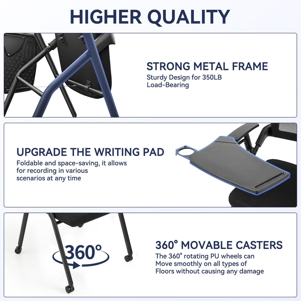 Ergonomic Foldable Office Chair with Breathable Mesh Back, Stackable Conference Chair - PU Wheels & Armrest for Guest, Meeting, Reception (Black-A2)