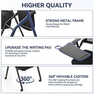Ergonomic Foldable Office Chair with Breathable Mesh Back, Stackable Conference Chair - PU Wheels & Armrest for Guest, Meeting, Reception (Black-A2)