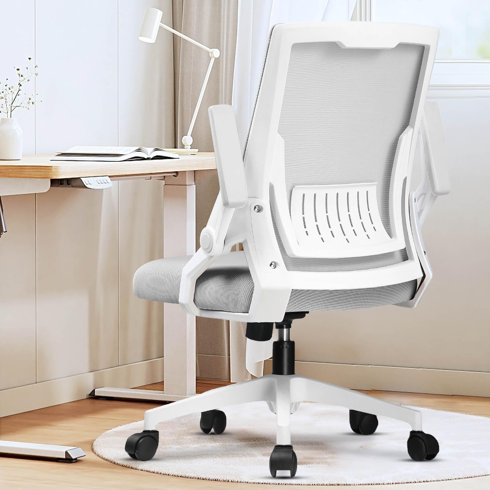 Ergonomic Office Chair with Flip-up Armrests Executive Computer Chair for Home Office, Breathable Mesh & Comfy Lumbar Support, Moon Gray