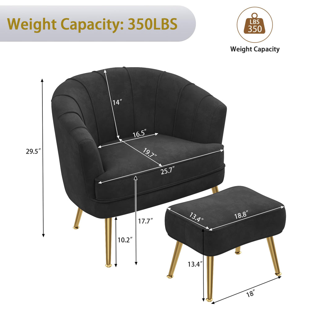 Velvet Accent Chair with Ottoman, Upholstered Modern Single Sofa Side Chair,Comfy Barrel Club Living Room Armchair with Golden Metal Legs for Bedroom Living Reading Room Office, Black