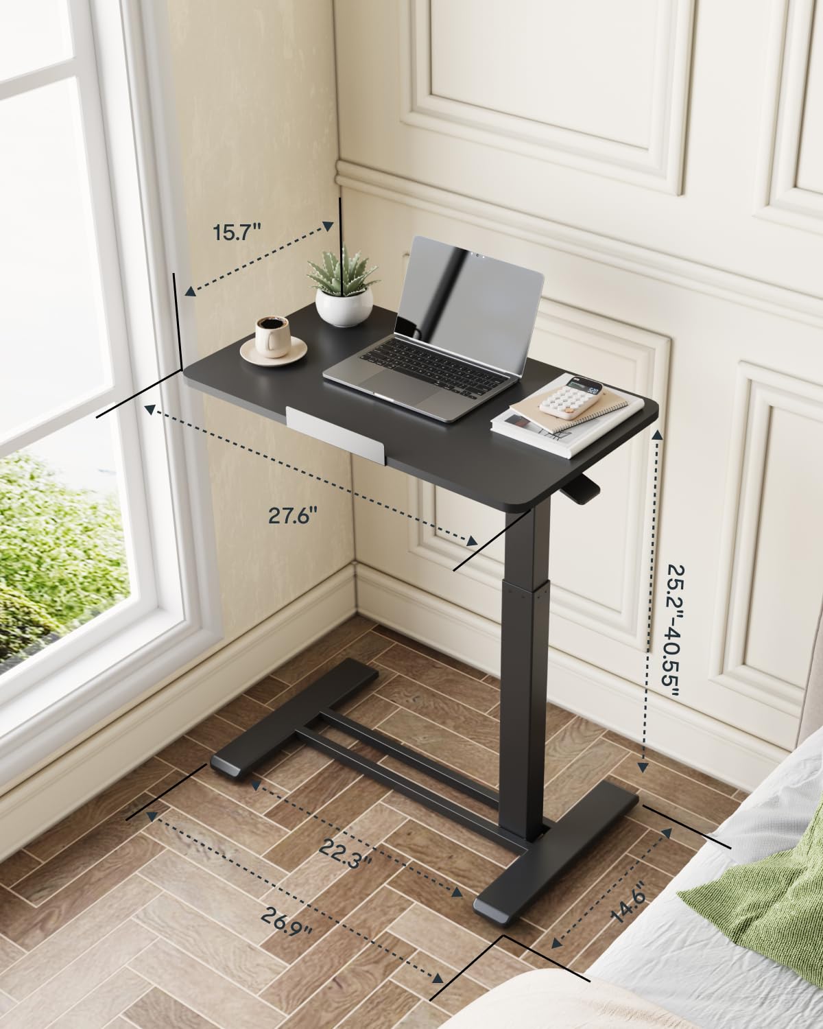 H7 PRO Mobile Standing Desk Adjustable Overbed Table Pneumatic with Wheels 55°Tiltable Portable Laptop Desk Rolling Computer Cart Foldable Bedside Table(27.6" W x 15.7" D, Black)