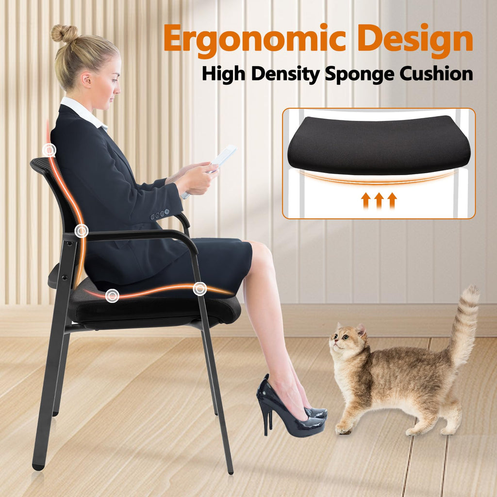 Black 2 Pack Set, Mesh Back Stacking Arm Chairs with Upholstered Fabric Seat and Ergonomic Lumbar Support for Office School Church Guest Reception