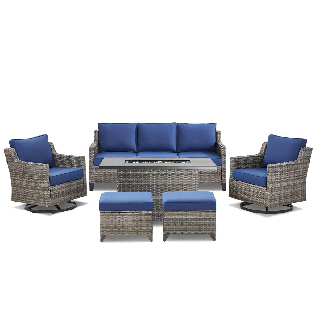 Patio Furniture Set with 42.5" Fire Pit Table-6 Pieces All Weather Wicker Outdoor Furniture with High Back Swivel Patio Chairs Set of 2 Outdoor Couch for Deck Balcony Backyard Blue/Gray