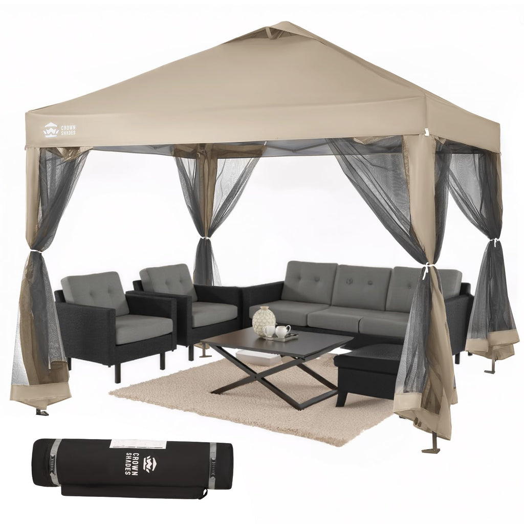 Gazebo 10x10 Pop Up Canopy with Mosquito Netting, Screen Tent with 4 Ropes, 8 Stakes, 4 Sandbags and Wheeled Storage Bag, Canopy for Patio & Backyard, Beige