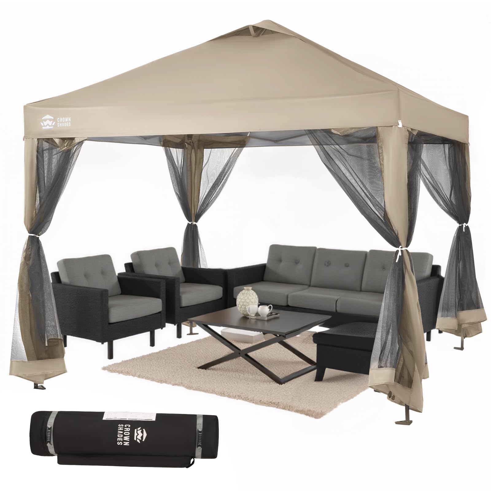 Gazebo 10x10 Pop Up Canopy with Mosquito Netting, Screen Tent with 4 Ropes, 8 Stakes, 4 Sandbags and Wheeled Storage Bag, Canopy for Patio & Backyard, Beige