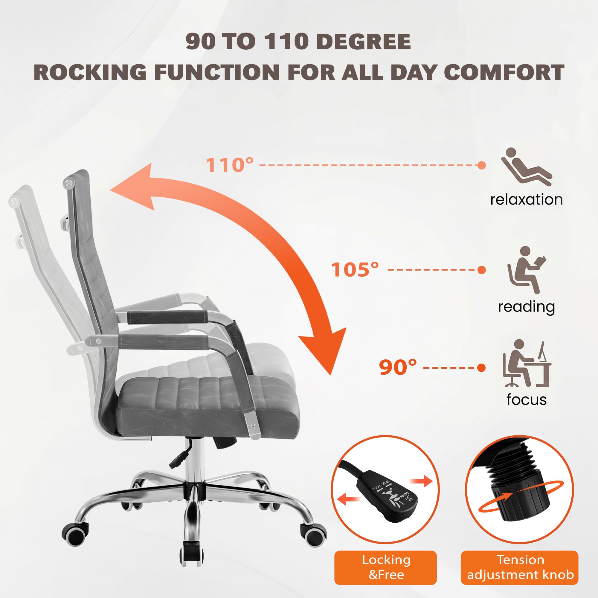 Ergonomic Office Desk Chair, Executive Ribbed Mid-Back PU Leather Conference Room Chair Adjustable Swivel Chair with Arms (2, Bicolor Vintage Grey)