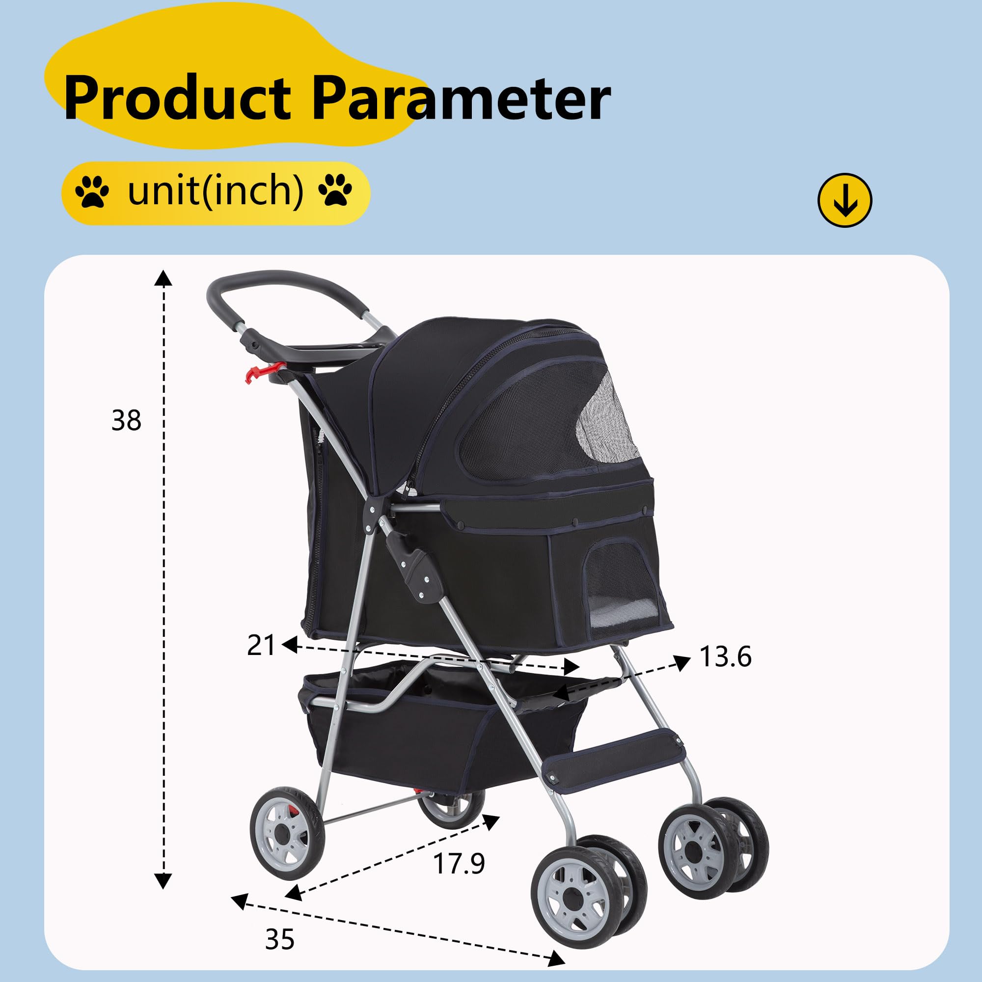 Pet Stroller 4-Wheel Dog Cat Stroller Travel Folding Carrier Puppy Stroller with Cup Holder and Removable Liner for Small Medium Dogs Cats, Black