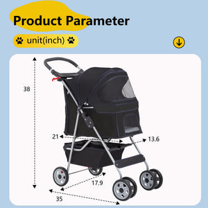 Pet Stroller 4-Wheel Dog Cat Stroller Travel Folding Carrier Puppy Stroller with Cup Holder and Removable Liner for Small Medium Dogs Cats, Black