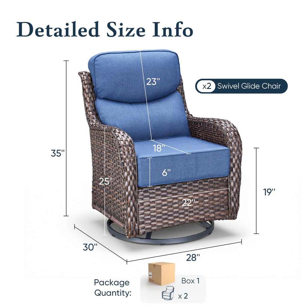 Luxury 6" Thick Cushioned Outdoor Swivel Rocker Patio Chairs of 2, High Back Wicker Patio Furniture Set with Ergonomic Zone Back, Conversation Glider Set for Deck Porch - Brown+Blue