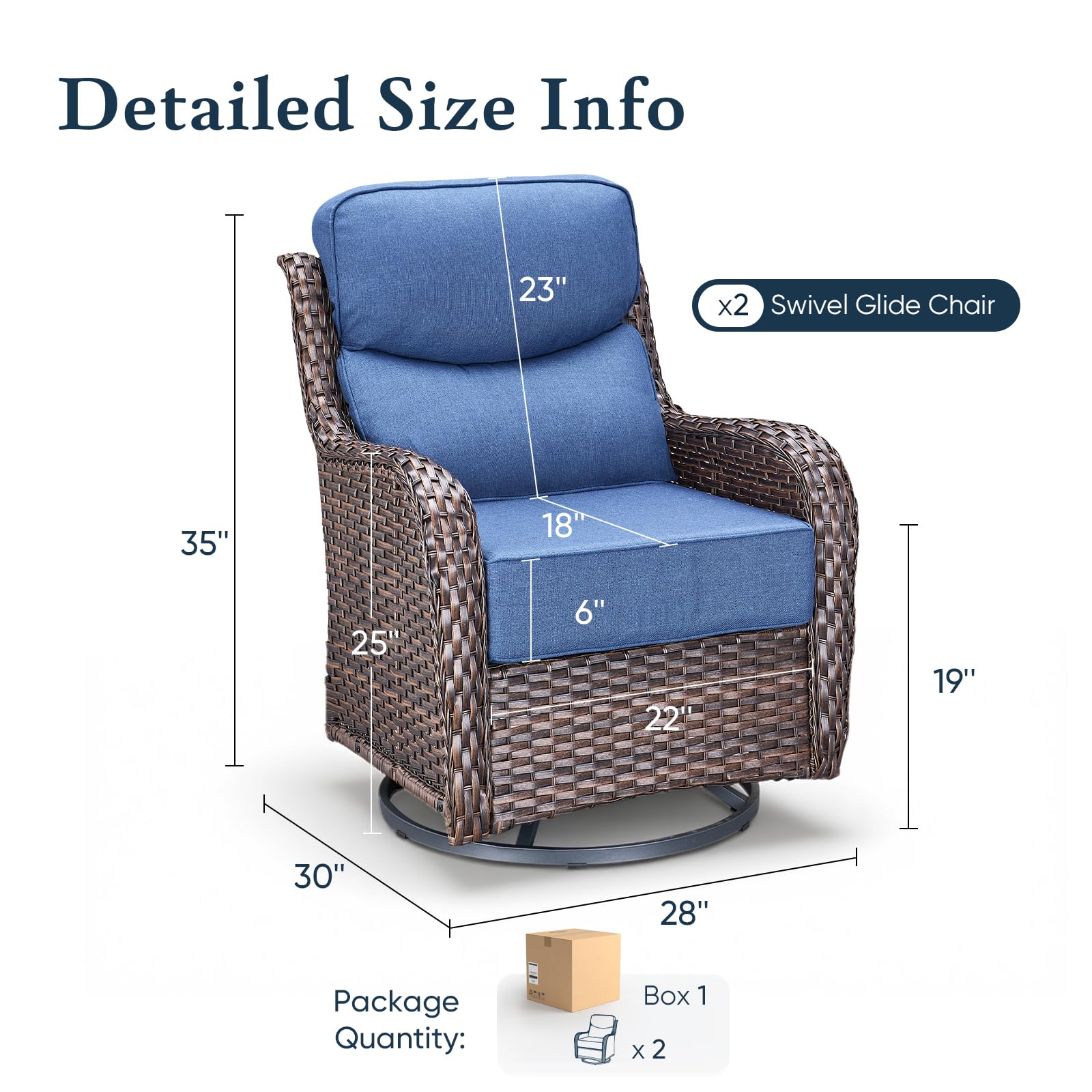 Luxury 6" Thick Cushioned Outdoor Swivel Rocker Patio Chairs of 2, High Back Wicker Patio Furniture Set with Ergonomic Zone Back, Conversation Glider Set for Deck Porch - Brown+Blue