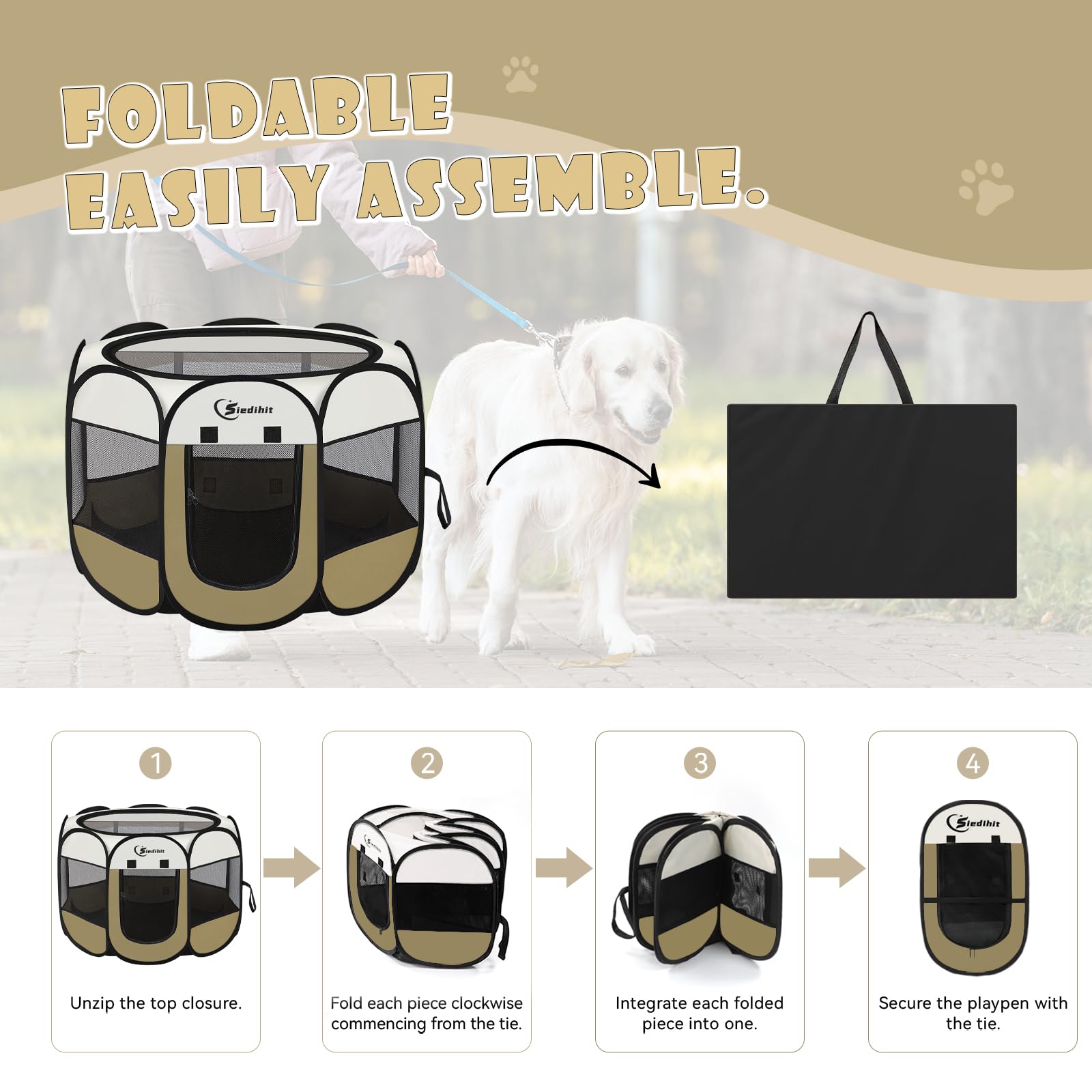 Dog Cat Playpen, Medium Puppy Pet Playpen, Dog Crate Tent Cage Indoor/Outdoor, Portable Pop Up Dogs Kennel Playpen with Carrying Case for Dogs/Cats/Rabbits Coffee