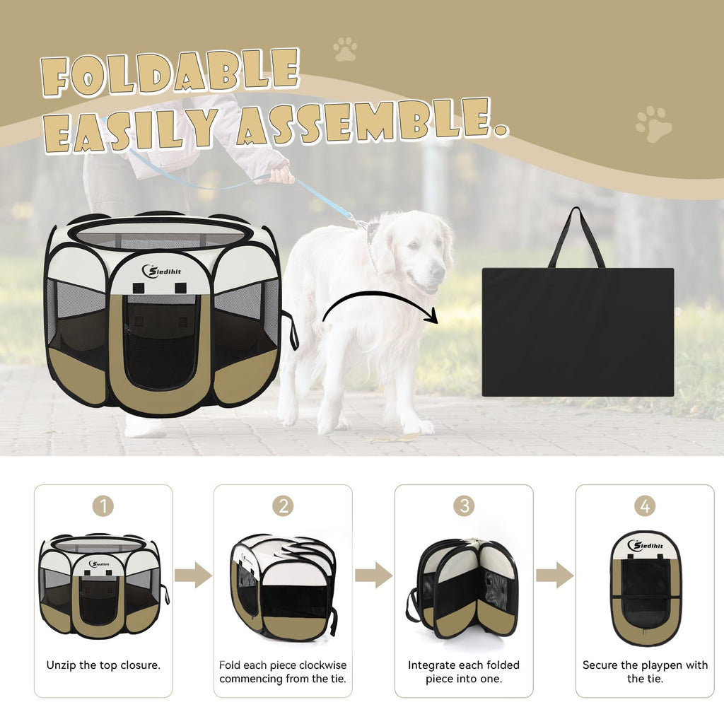 Dog Cat Playpen, Medium Puppy Pet Playpen, Dog Crate Tent Cage Indoor/Outdoor, Portable Pop Up Dogs Kennel Playpen with Carrying Case for Dogs/Cats/Rabbits Coffee