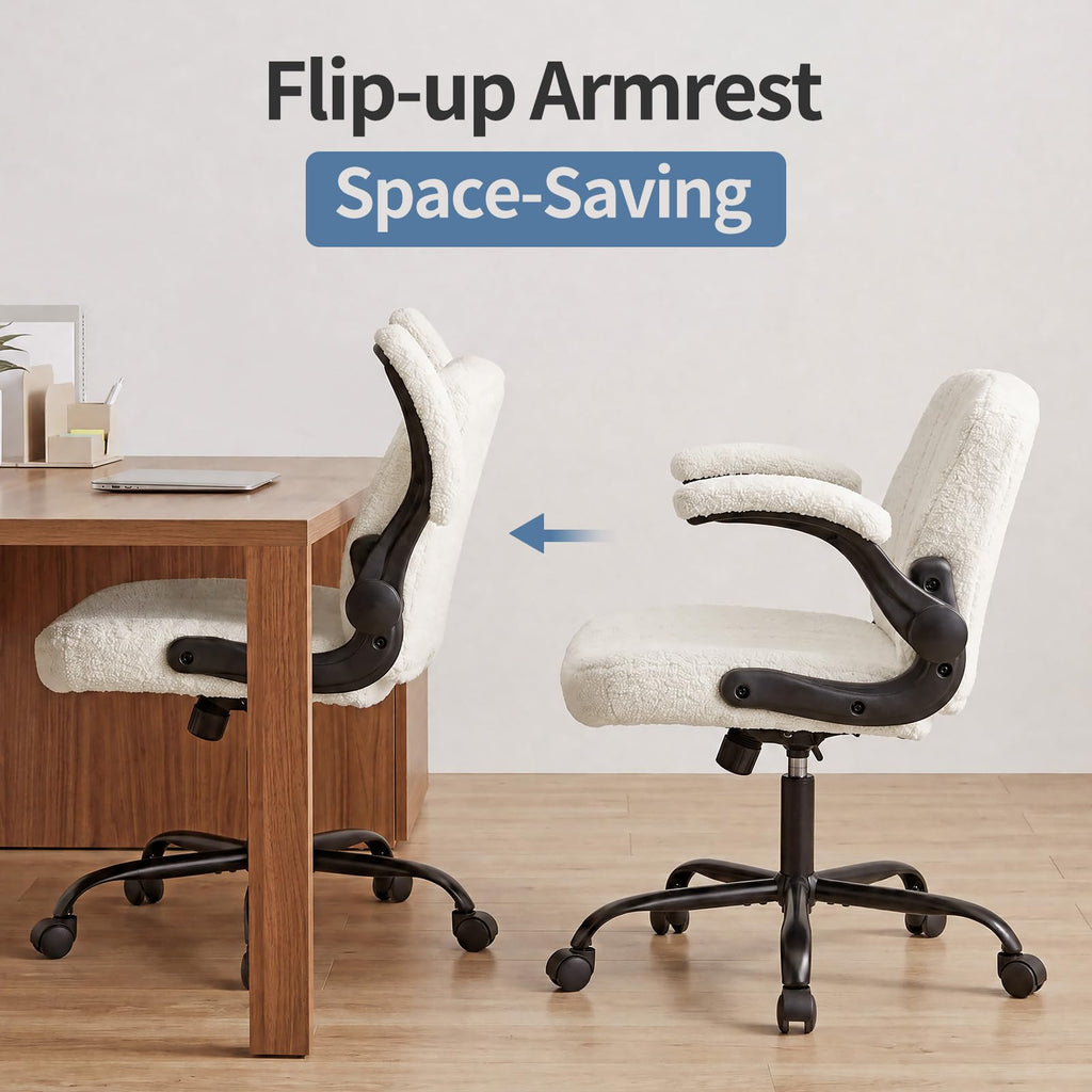 Criss Cross Home Office Chair with Wheels, Wide Cross Legged Desk Vanity Chair Comfy Fabric Flip-Up Armrests Adjustable Swivel Chairs for Home Computer Bedroom, Beige
