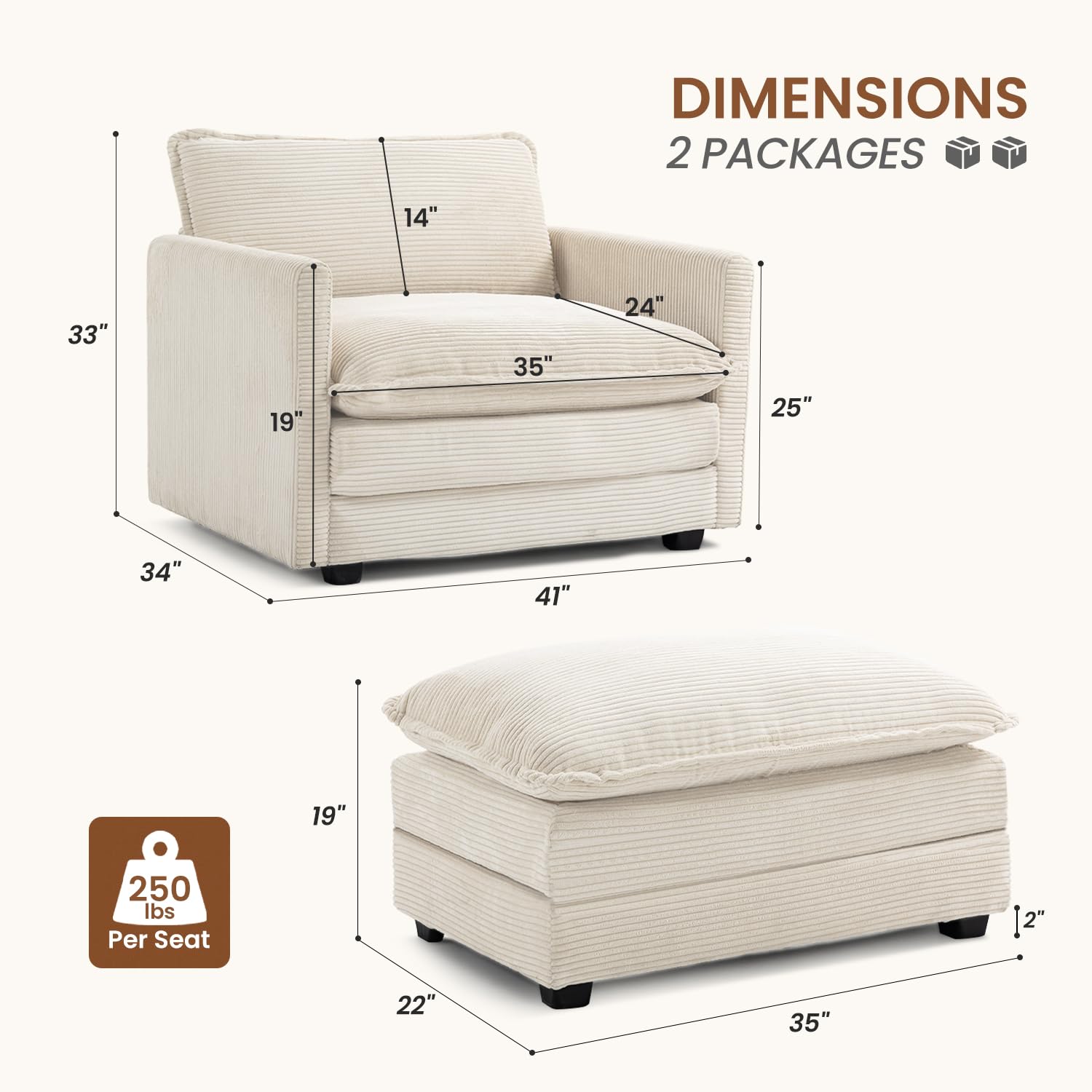 Single Armchair with Ottoman, Modern Corduroy Cloud Couch with Convertible Chaise, Upholstered Sofa Set for Living Room, Beige